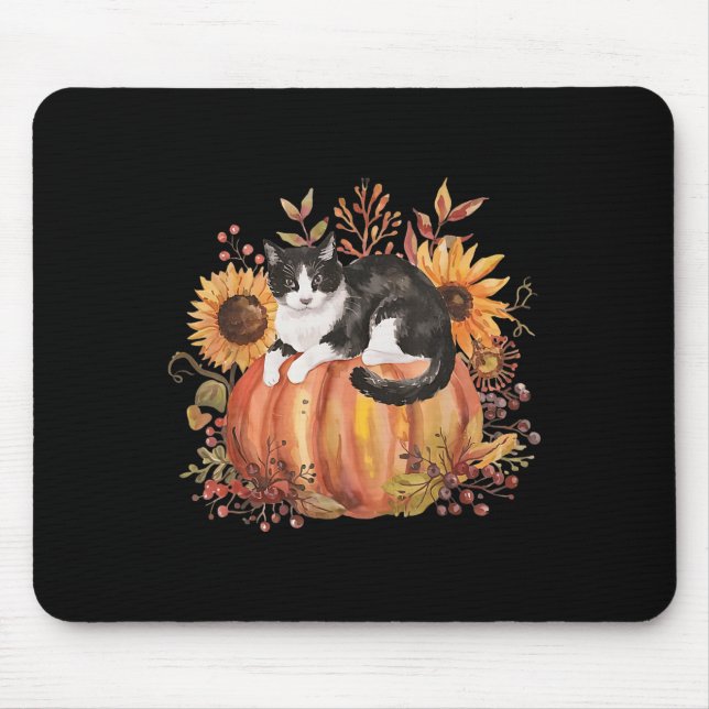 Mousepad Pumpkin Fall Tuxedo Cat Sunflower Ação de Graças S (Frente)
