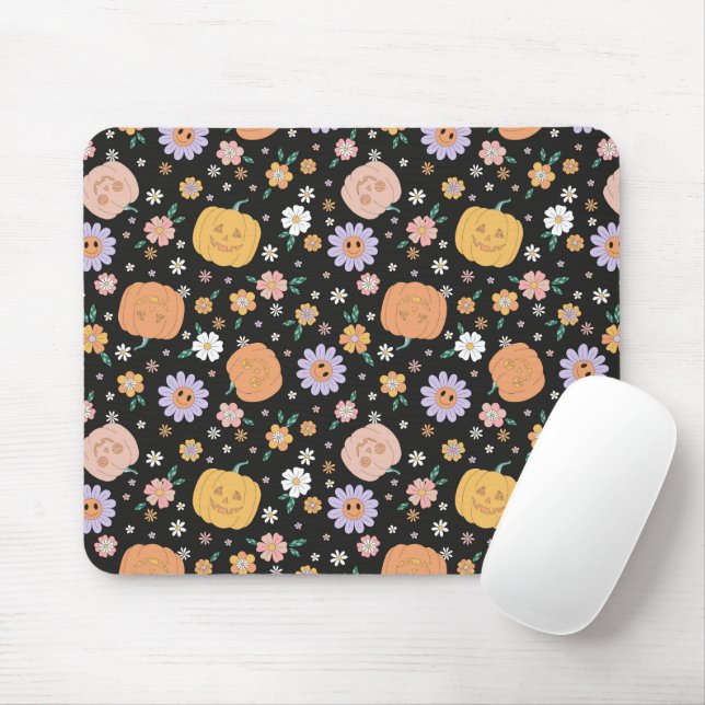 Mousepad Pumpkins e Flores do Halloween Retro (Com mouse)