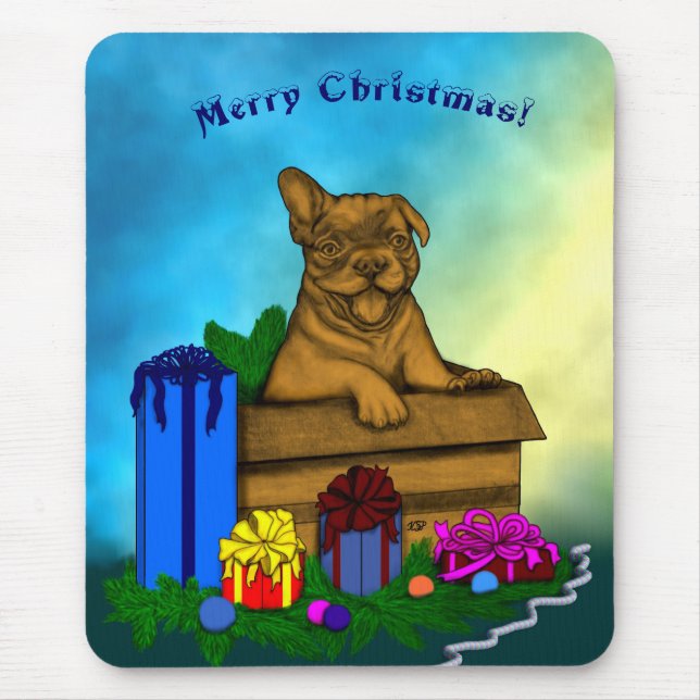 Mousepad Puppy em uma caixa, Merry Xmas (Frente)