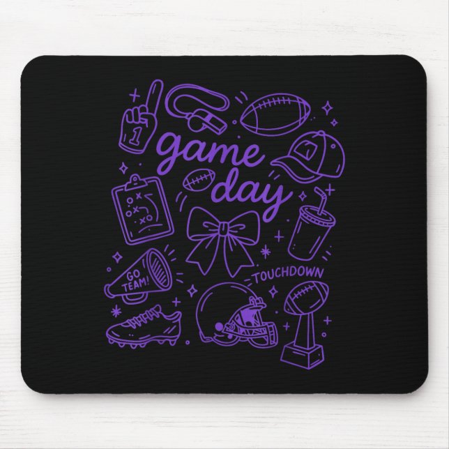 Mousepad Purple Coquette Bow Cheer Game Day Doodle Touchdow (Frente)