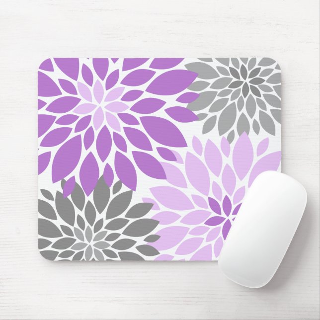 Mousepad Púrpura e Cinza Chrysanthemum Padrão Floral (Com mouse)