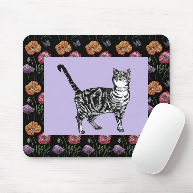 Mousepad Púrpura Tabby Cat Padrão floral Mouse Mat floral (Com mouse)