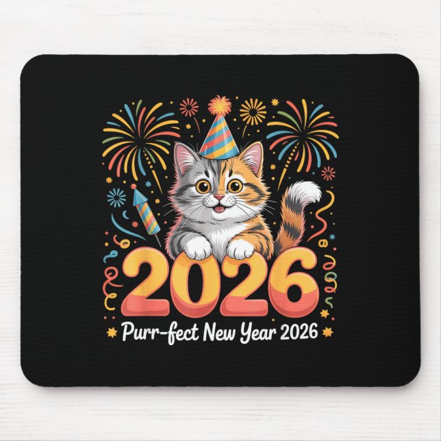 Mousepad Purrfect New Year 2026 Cute Cat Fireworks Celebrat (Frente)