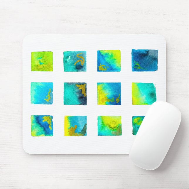 Mousepad quadrados azuis e verdes em aquarela (Com mouse)