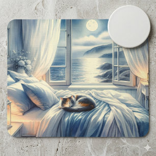 Mousepad Quarto à Beira-Mar ao Luar com Gato Adormecido