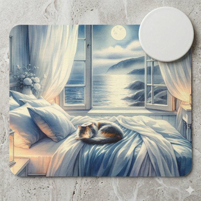 Mousepad Quarto à Beira-Mar ao Luar com Gato Adormecido (Moonlit Coastal Bedroom with Sleeping Cat Mouse Pad)