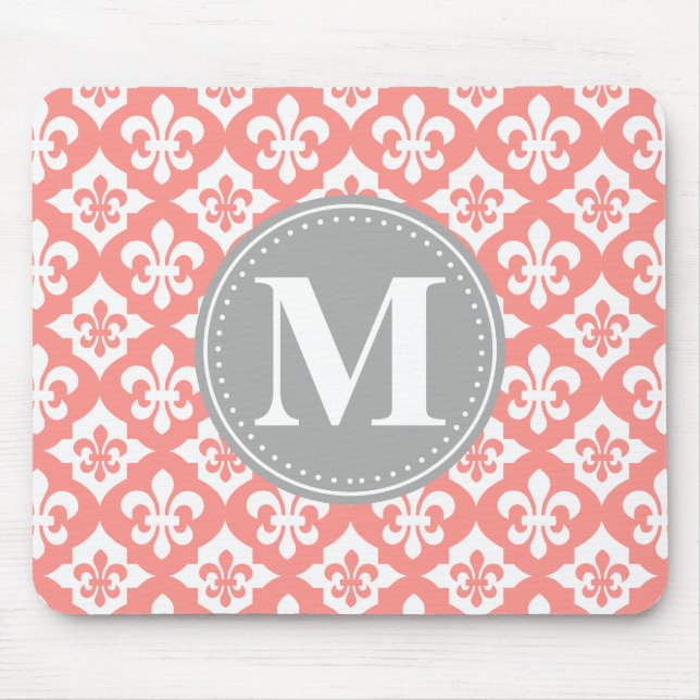 Mousepad Quatrefoil Fleur-De-Lis Cinza Cor-De-Coral Monogra (Frente)