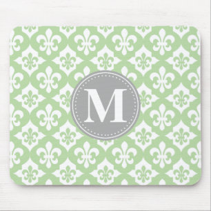 Mousepad Quatrefoil Fleur-De-Lis Mint Cinza Verde Monograma