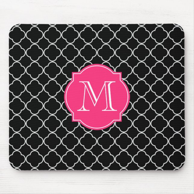 Mousepad Quatrefoil preto e branco com monograma (Frente)