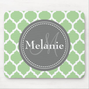 Mousepad Quatrefoil Verde e Cinza Monograma