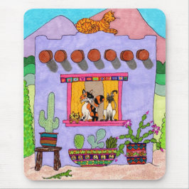 Mousepad Quatro gatos em uma Adobe House roxa