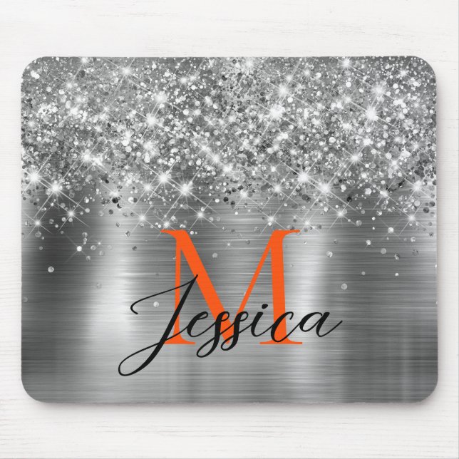 Mousepad Quic Silver Faux Glitter Orange Monograma (Frente)