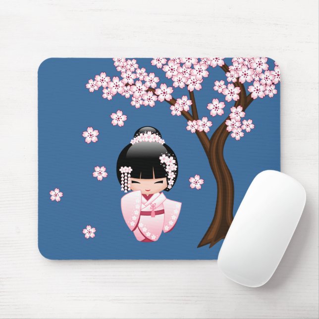 Mousepad Quimono Rosa Boneca Kawaii Kokeshi em Azul (Com mouse)
