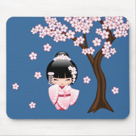 Mousepad Quimono Rosa Boneca Kawaii Kokeshi em Azul