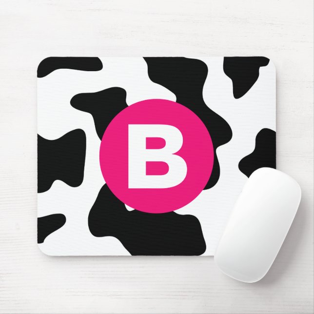 Mousepad Quirky Cow Patch Pattern Pink Monogram (Com mouse)