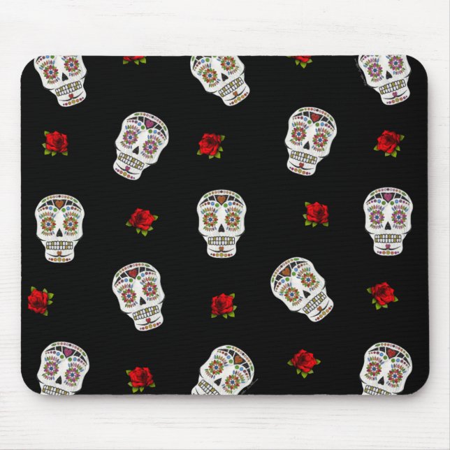 Mousepad RAB Rockabilly Açúcares Caveiras Rosas Em Preto (Frente)