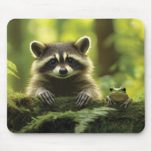 Mousepad Raccoon Adorável e Pequim de Sapo sobre Mossy Log 