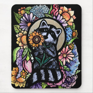 Mousepad Raccoon Art Flower Raccoons Design com girassol