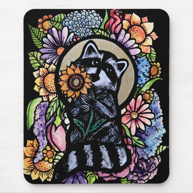 Mousepad Raccoon Art Flower Raccoons Design com girassol (Frente)