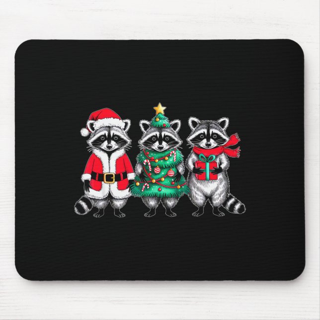 Mousepad Raccoon Christmas Tree Light Santa Hat Xmas Family (Frente)