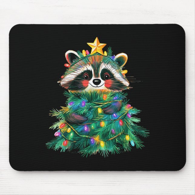 Mousepad Raccoon Christmas Tree Pajamas Girls Boys Xmas Lig (Frente)
