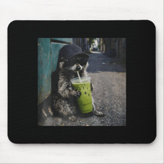 Mousepad Raccoon drinking matcha latte funny animal meme me