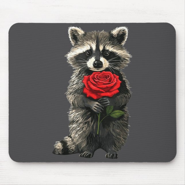 Mousepad Raccoon Holding Red Rose Cute Raccoon Valentine An (Frente)