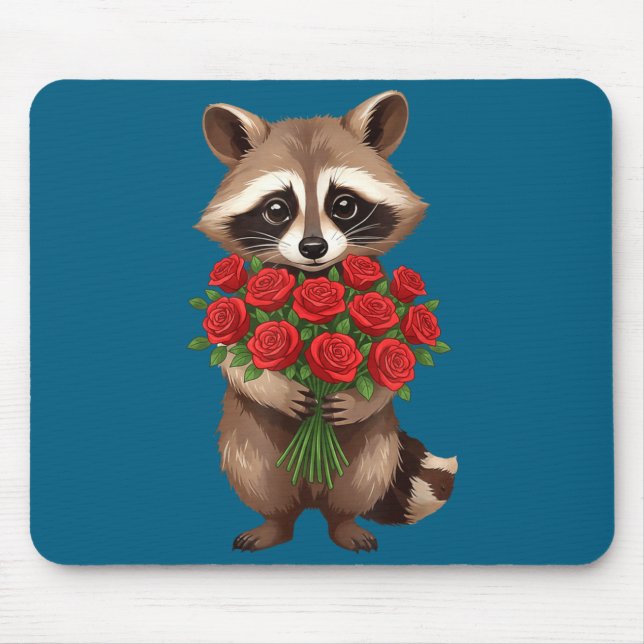 Mousepad Raccoon Holding Red Rose Cute Raccoon Valentine An (Frente)