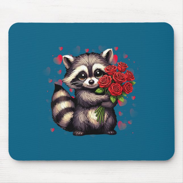Mousepad Raccoon Holding Red Rose Cute Raccoon Valentine An (Frente)