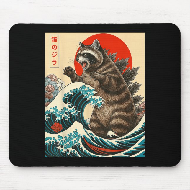 Mousepad Raccoonzilla Raccoon Japonês Art Engraçado Mulhere (Frente)