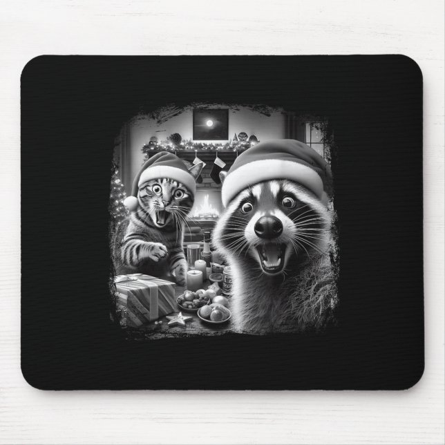 Mousepad Racoon Santa Funny Cat Taking Selfie Christmas Xma (Frente)
