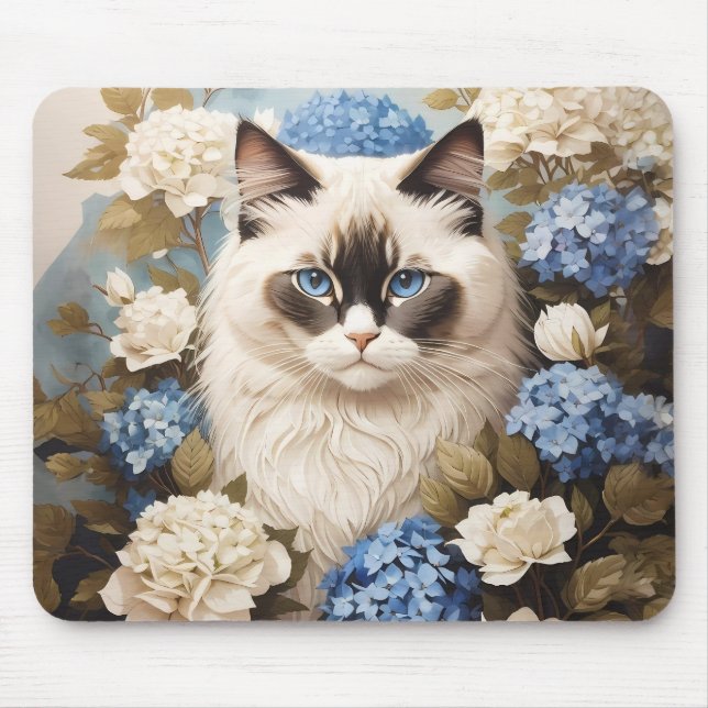 Mousepad Ragdoll Cat Com Flores De Hydrangea Azuis (Frente)