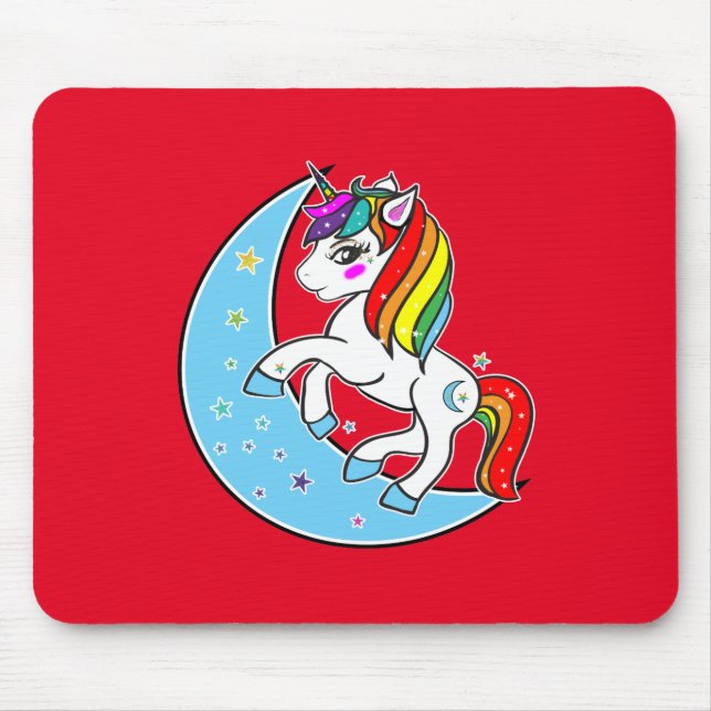 Mousepad Rainbow Celestial Blue Moon & Stars Unicorn (Frente)