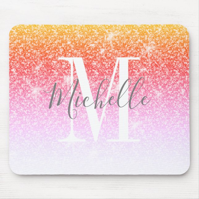 Mousepad Rainbow Unicorn Pink Glitter Sparkle Monograma Nom (Frente)