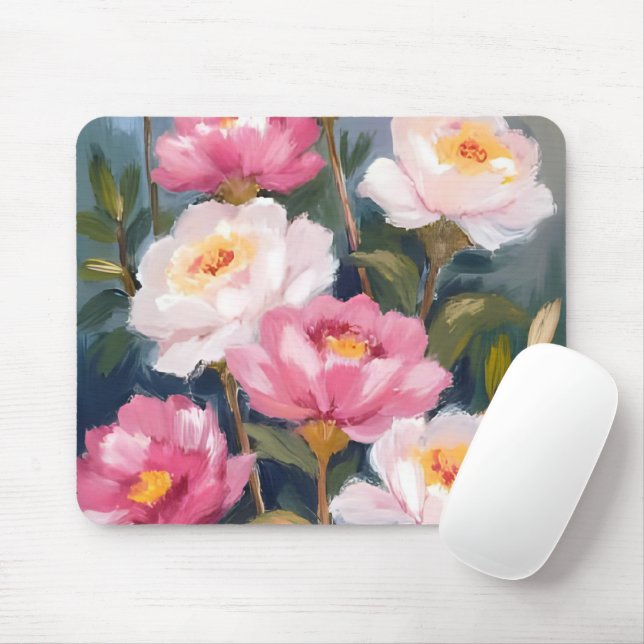 Mousepad Ramalhete de Flores de Peônias Rosa Aquarela (Com mouse)