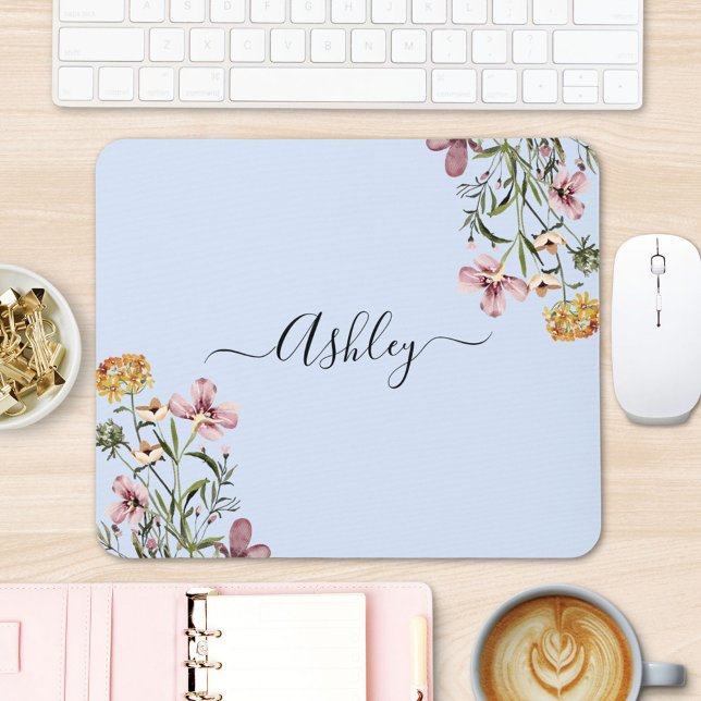 Mousepad Ramalhete de Flores Silvestres Aguarela Monograma  (In situ office desk)