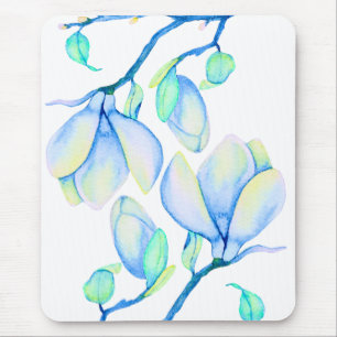 Mousepad Ramo de Magnólia em Aquarela Azul Verde Botânico