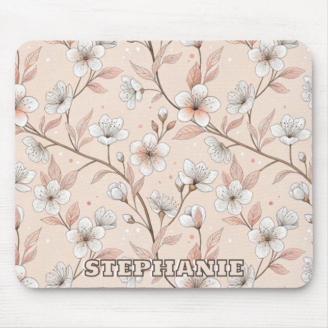 Mousepad Ramo Floral de Pêssego Macio com Flores Brancas (Frente)