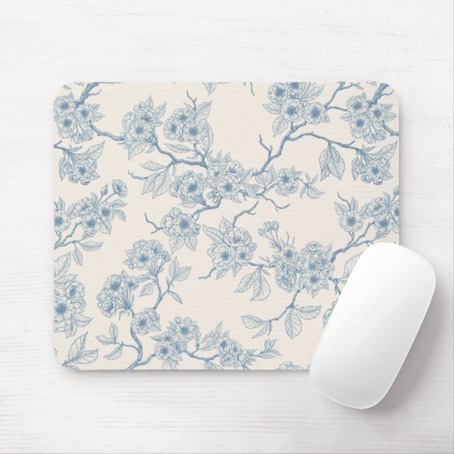Mousepad Ramos de flor de cerejeira em azul e branco esmaec (Com mouse)