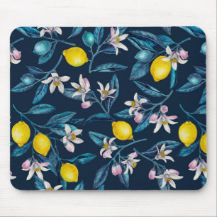 Mousepad Ramos de limão com flores e fruta em azul