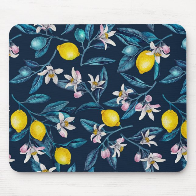 Mousepad Ramos de limão com flores e fruta em azul (Frente)