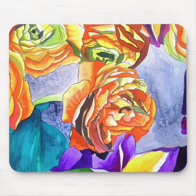 Mousepad Ranunculus e Iris watercolor art (Frente)