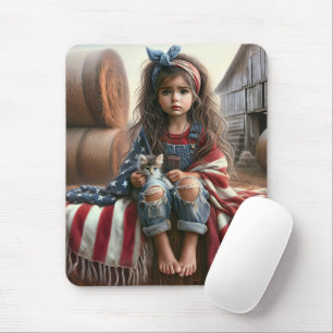 Mousepad Rapariga Com Bandeira Americana E Kitten
