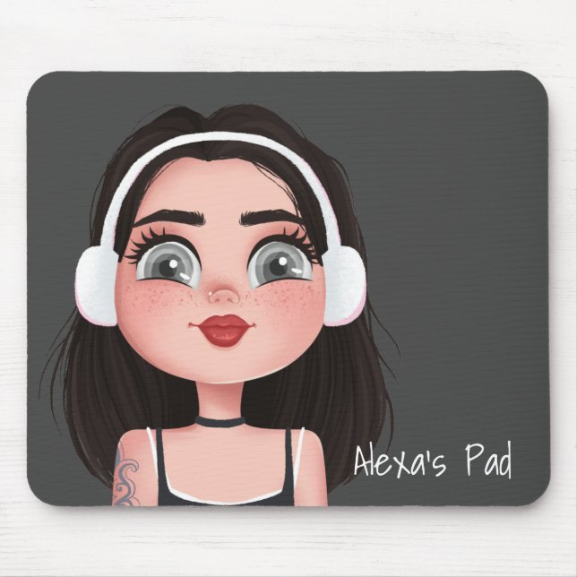 Mousepad Rapariga de Cartoon com Fones de ouvido de Cinza (Frente)