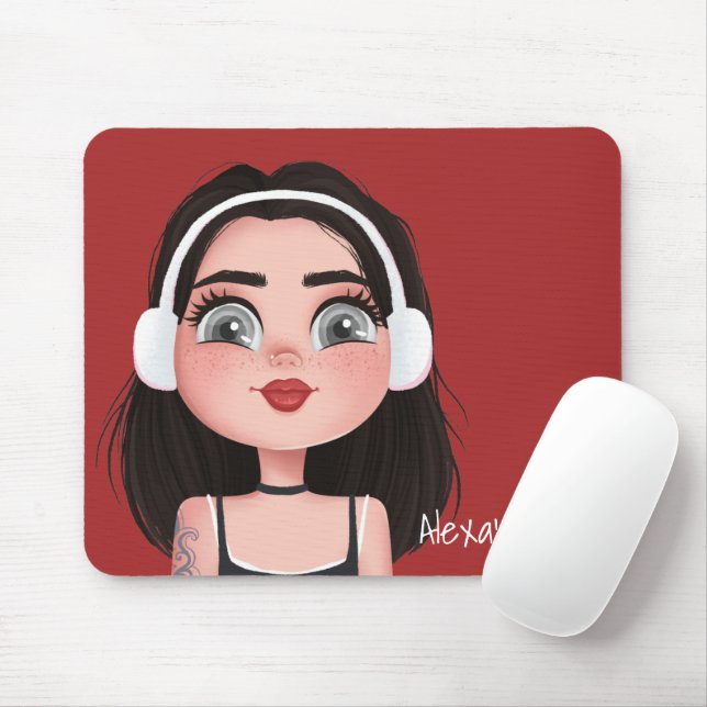 Mousepad Rapariga de Cartoon com Fones de ouvido em Vermelh (Com mouse)