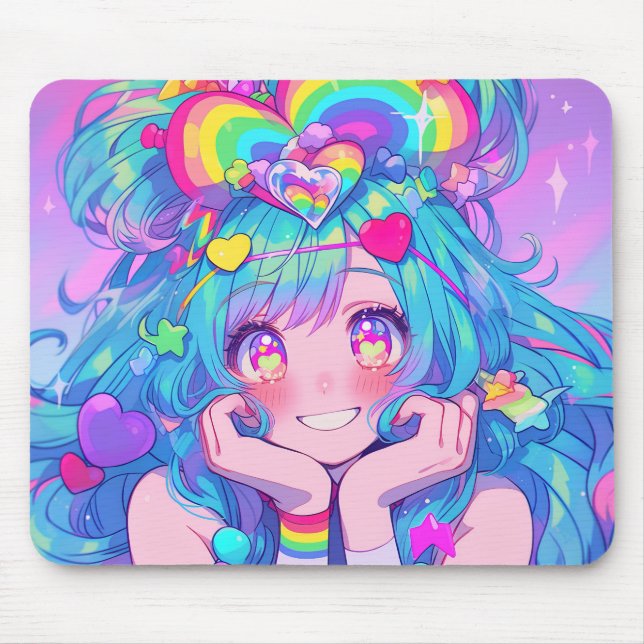 Mousepad Rapariga do Arco-Íris Divertida Kawaii (Frente)
