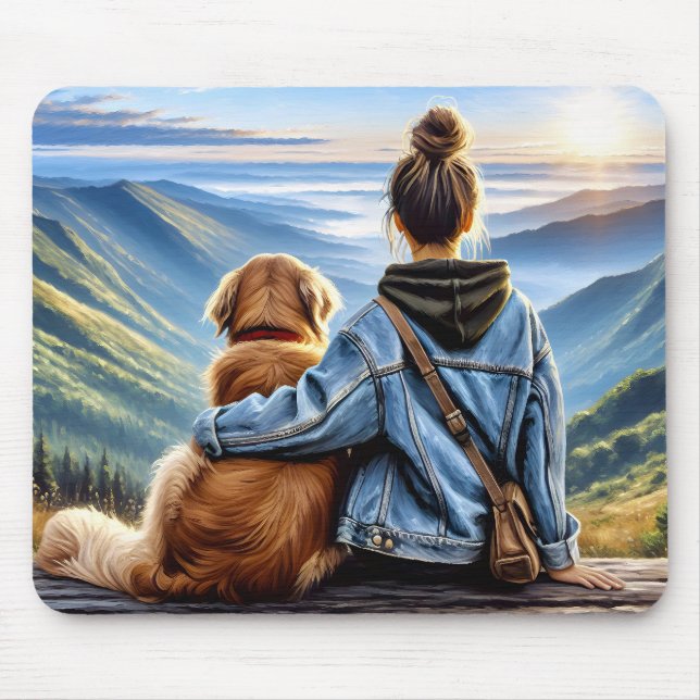 Mousepad Rapariga e Ouro Retriever Montanha Sunrise (Frente)