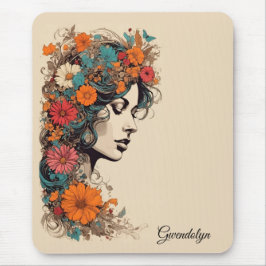 Mousepad Rapariga retrô com flores no seu pasto de cabelo