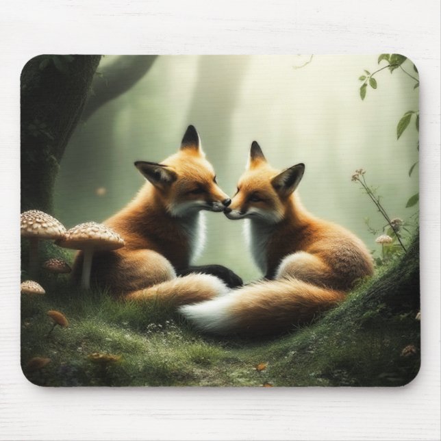 Mousepad Raposa Abraço na Floresta Nebulosa (Frente)