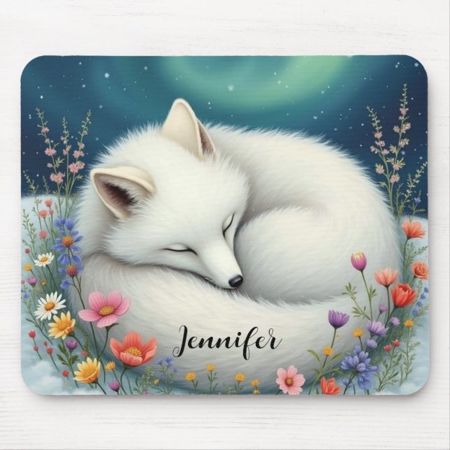 Mousepad Raposa Árctica Dormindo em flores silvestres Perso (Frente)